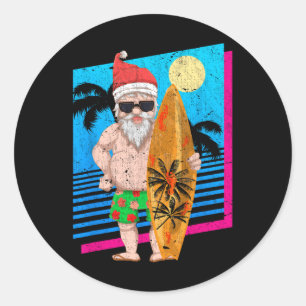 Tropical Summer Surfing Santa Claus Funny Christma Classic Round Sticker
