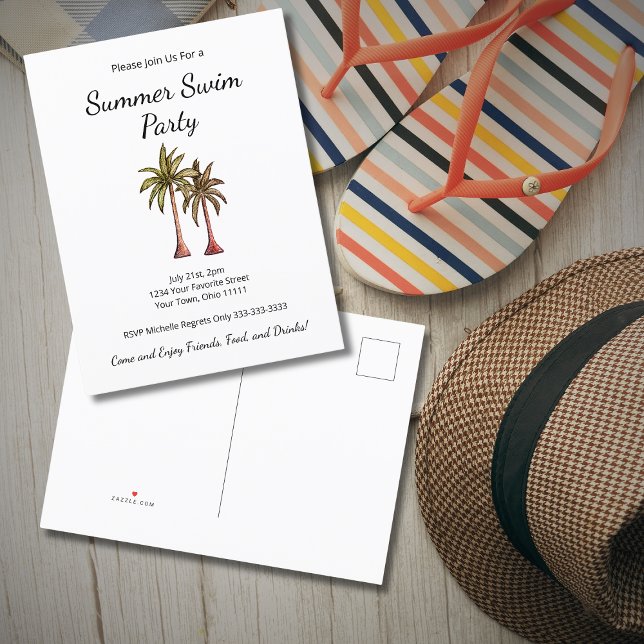 Tropical Summer Swim Pool Party Palm Trees  Invitation Postcard (Creator Uploaded)