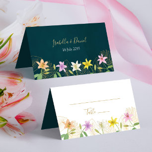 Tropical Summer Teal Floral Folded Wedding Place Card