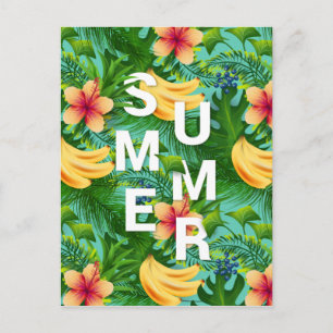 Tropical summer text on banana flowers background postcard