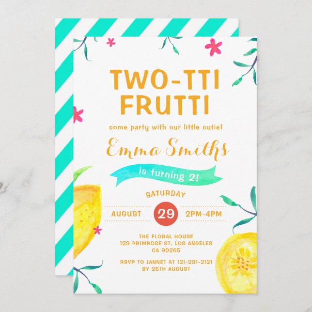 Tropical Summer Two-tti Frutti Aloha 2nd Birthday Invitation (Front/Back)