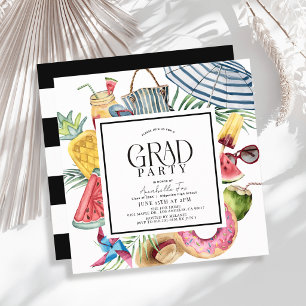 Tropical Summer Umbrella Doughnut Black Graduation Invitation