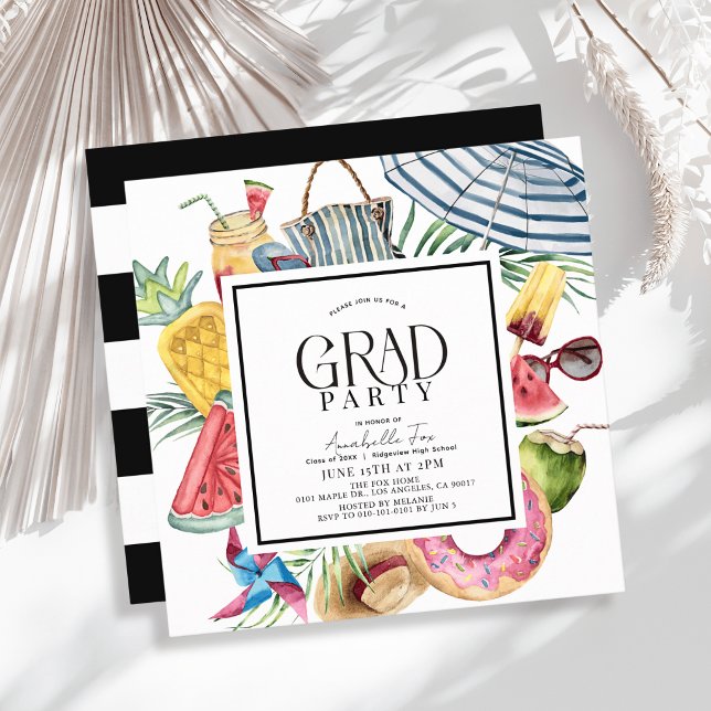 Tropical Summer Umbrella Doughnut Black Graduation Invitation (Creator Uploaded)