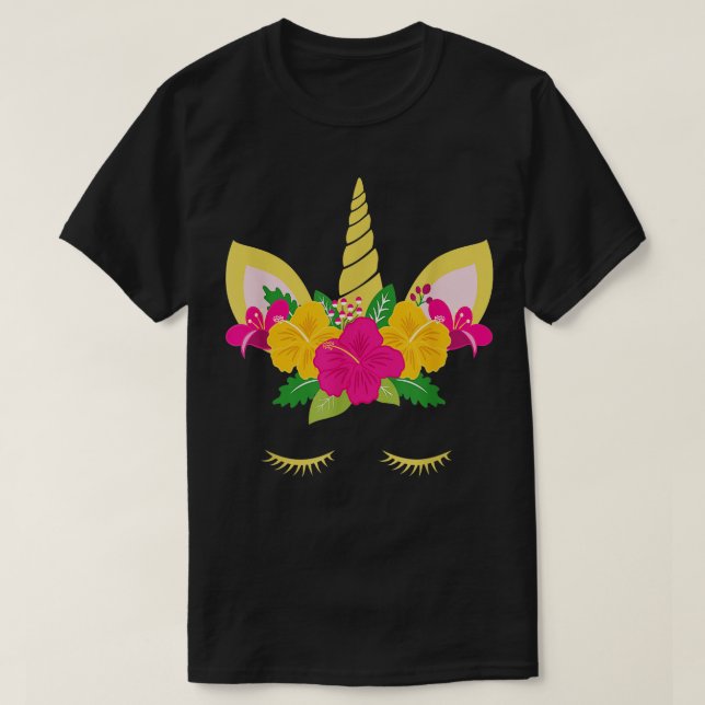 Tropical Summer Unicorn With Hibiscus Flowers TShi T-Shirt (Design Front)
