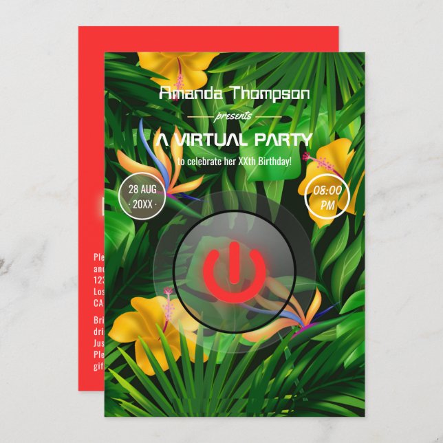 Tropical Summer Virtual Birthday Party Invitation (Front/Back)