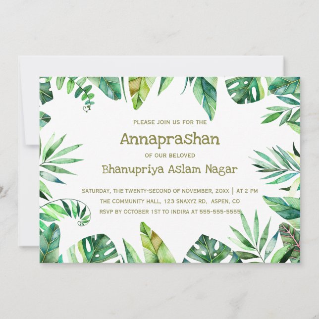 Tropical Summer | Watercolor Leaves Annaprashan Invitation (Front)