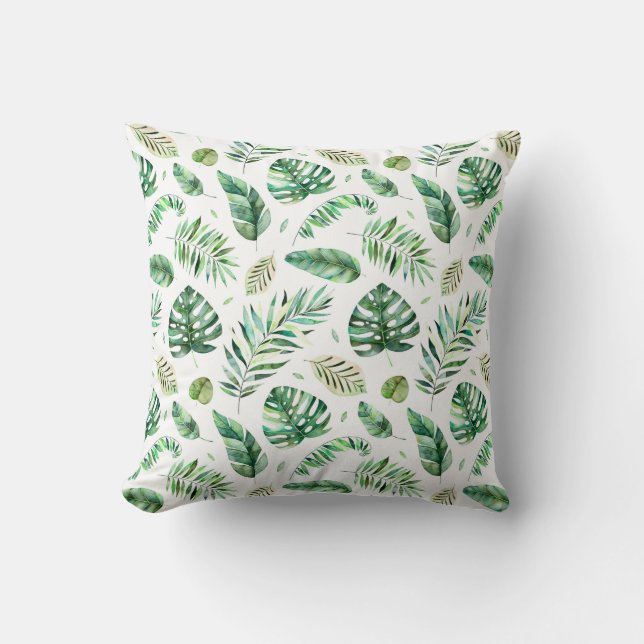 Tropical summer watercolor palm leaves beach cushion (Front)