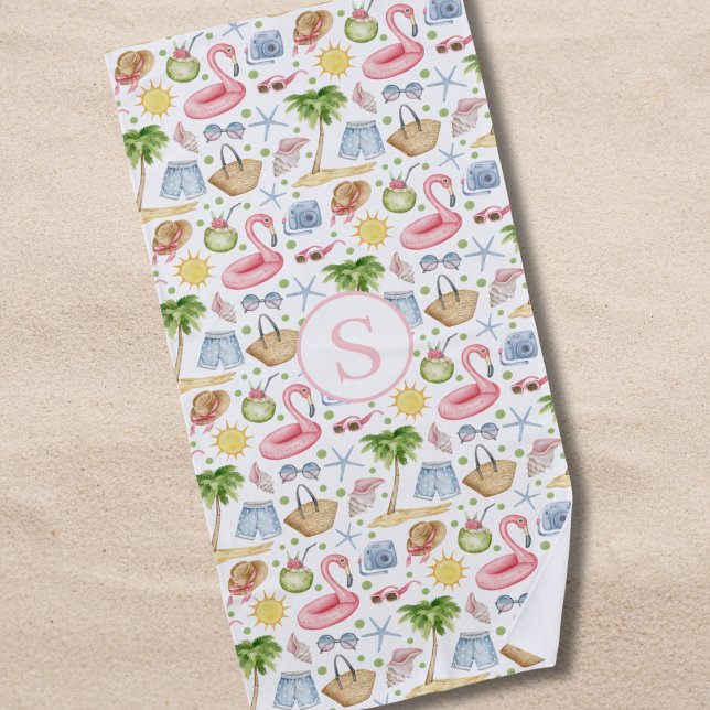 Tropical Summer Watercolor Personalised  Beach Towel (Creator Uploaded)