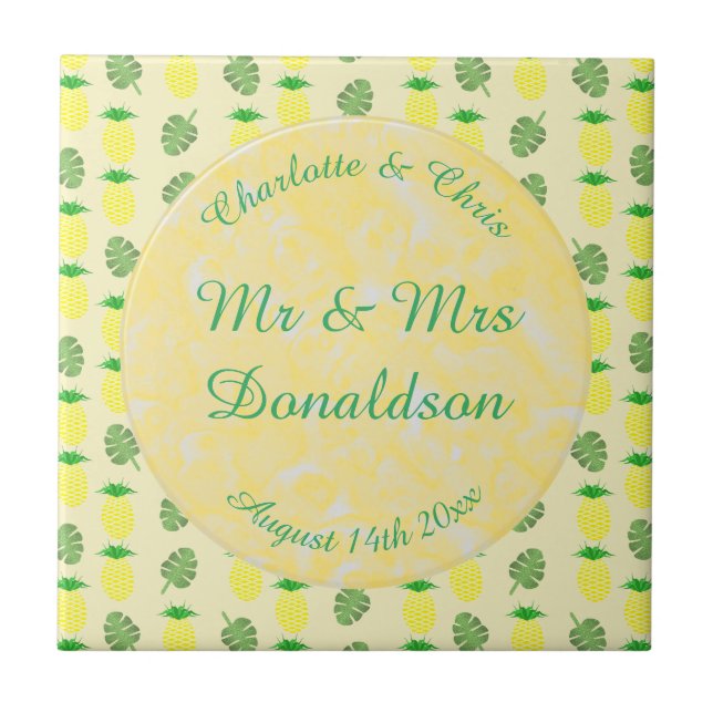 Tropical Summer Wedding Pineapple and Palm Leaves Ceramic Tile (Front)