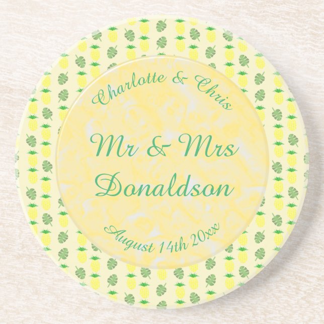 Tropical Summer Wedding Pineapple and Palm Leaves Coaster (Front)
