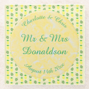 Tropical Summer Wedding Pineapple and Palm Leaves Glass Coaster