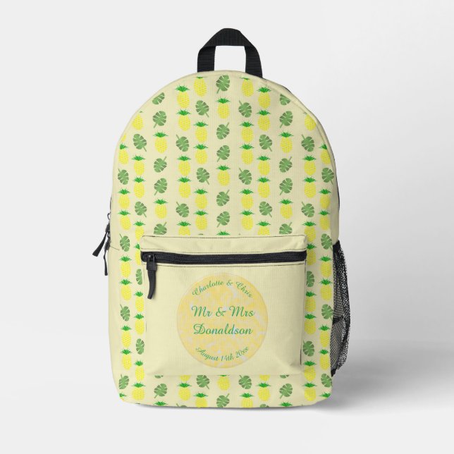 Tropical Summer Wedding Pineapple and Palm Leaves Printed Backpack (Front)