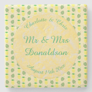 Tropical Summer Wedding Pineapple and Palm Leaves Stone Coaster