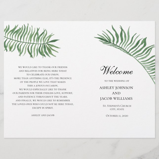 Tropical summer wedding program. Green leaves (Front)