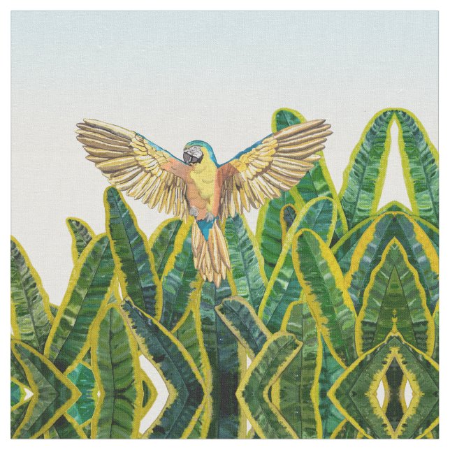 Tropical Summer Yellow Parrot Bird Banana Leaves Fabric (Close Up)