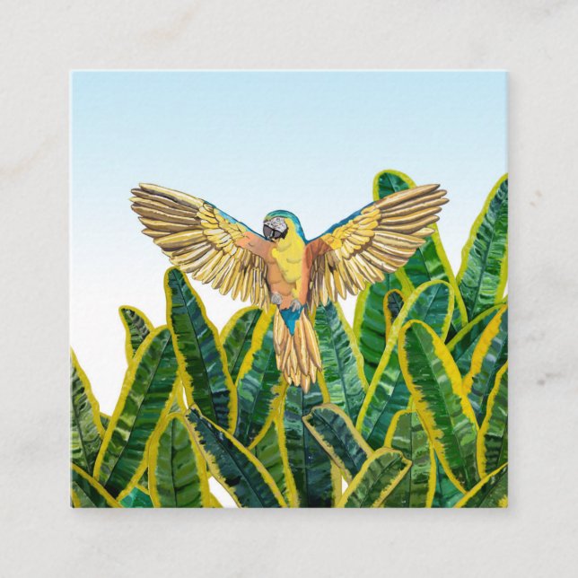 Tropical Summer Yellow Parrot Bird Banana Leaves Square Business Card (Front)