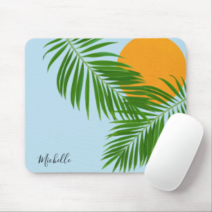 Tropical Sun Palm Leaves Blue Sky Minimalist Name Mouse Pad