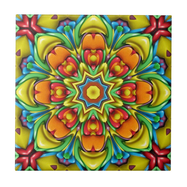 Tropical Sunburst Vintage Fractal Kaleidoscope Ceramic Tile (Front)
