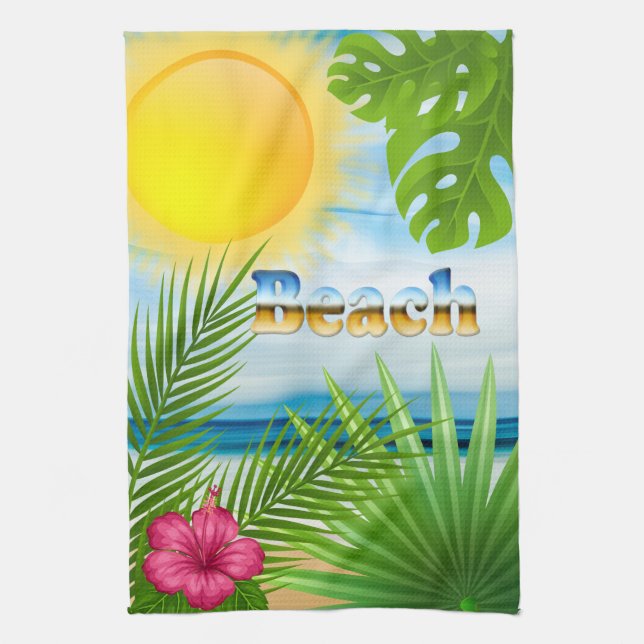Tropical Sunrise Beach Paradise Tea Towel (Vertical)