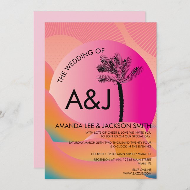 Tropical Sunrise Bold Pink Orange Wedding Invitation (Front/Back)