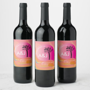 Tropical Sunrise Bold Pink Orange White Wedding Wine Label