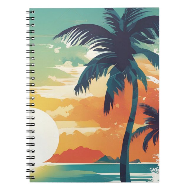 Tropical Sunset and Palm Tree Beach Aesthetic Notebook (Front)