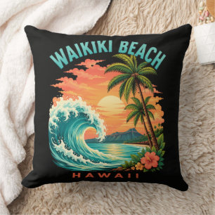 Tropical Sunset at Waikiki Beach Hawaii Cushion