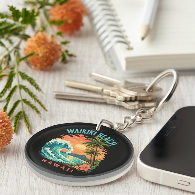 Tropical Sunset at Waikiki Beach Hawaii Key Ring (Front Right)