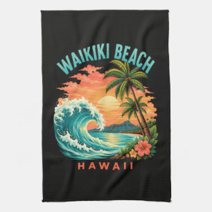 Tropical Sunset at Waikiki Beach Hawaii Tea Towel