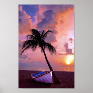 Tropical Sunset Beach Boat Palm Poster