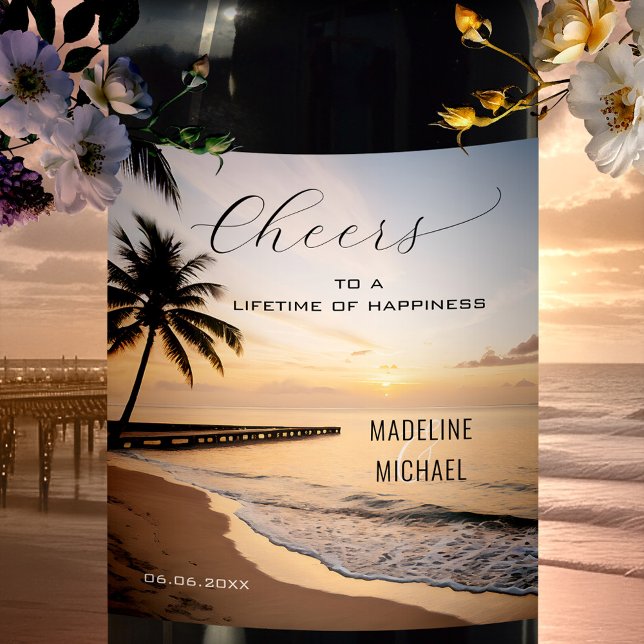 Tropical Sunset Beach Destination Wedding Wine Label (Wine label featuring a sunset on a tropical beach with palm trees)