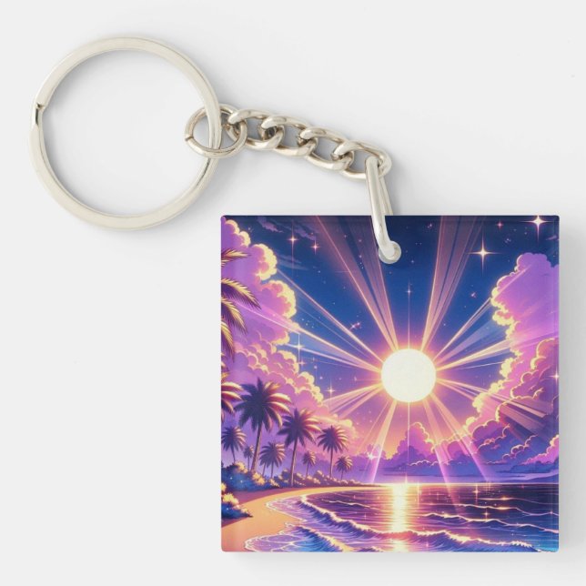 Tropical Sunset Beach Fantasy Painting Key Ring (Front)
