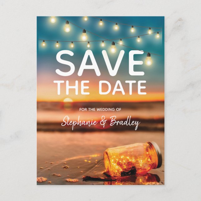 Tropical Sunset Beach Mason Jar Save the Date Announcement Postcard (Front)