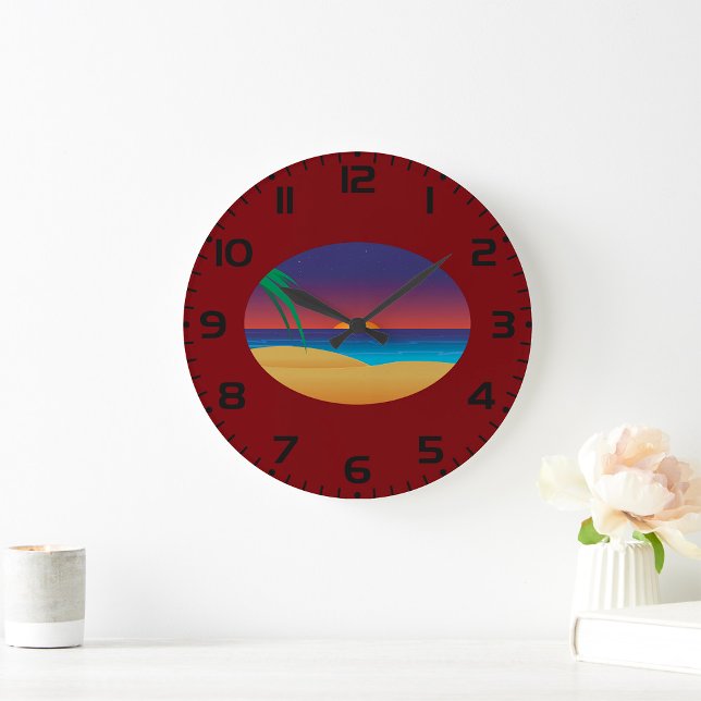 Tropical Sunset Beach Palm Leaves Ocean Waves Large Clock (Creator Uploaded)