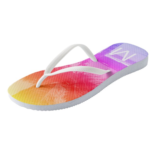 Tropical Sunset Beach & Palm Tree Initial Pink Thongs (Angled)
