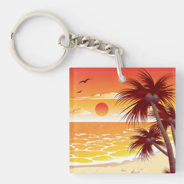 Tropical Sunset Beach Palm Tree Island Key Ring (Front)