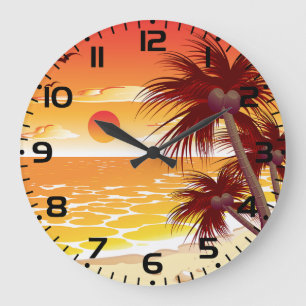 Tropical Sunset Beach Palm Tree Island Large Clock