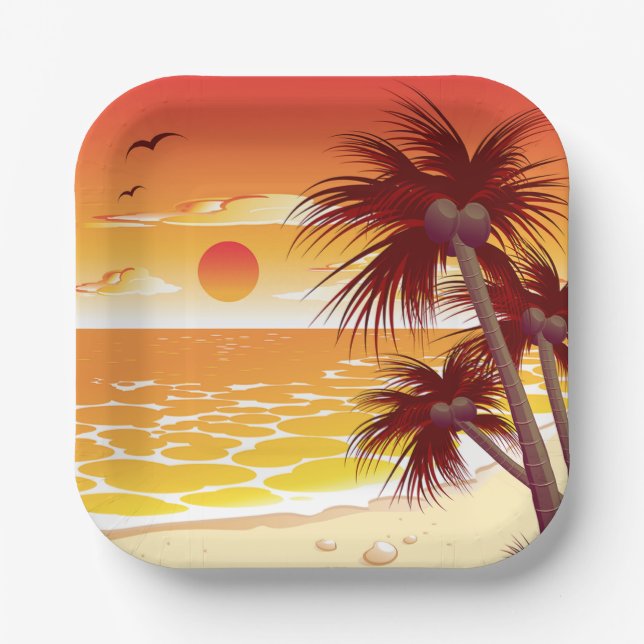 Tropical Sunset Beach Palm Tree Island Paper Plate (Front)