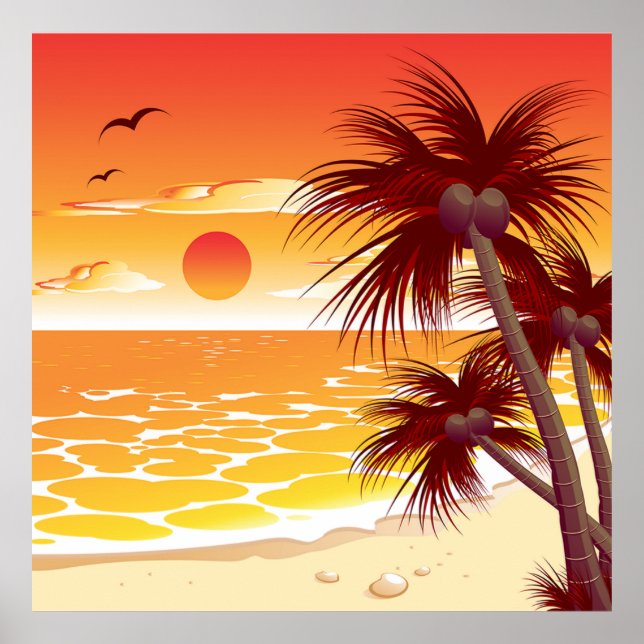 Tropical Sunset Beach Palm Tree Island Poster (Front)