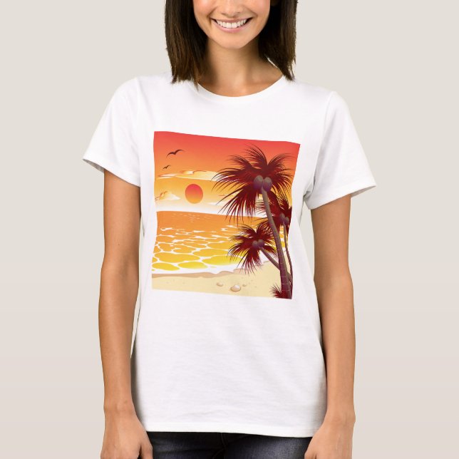 Tropical Sunset Beach Palm Tree Island T-Shirt (Front)