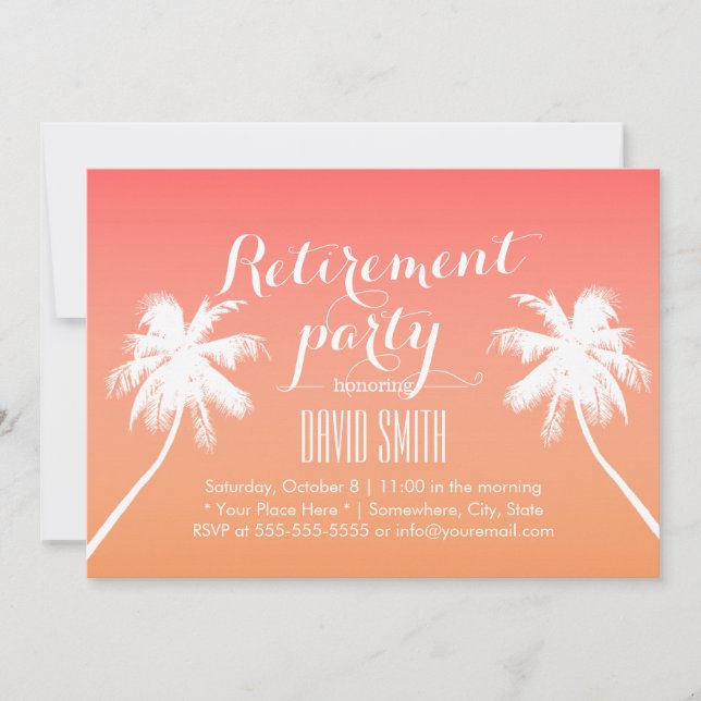 Tropical Sunset Beach Palm Tree Retirement Party Invitation (Front)