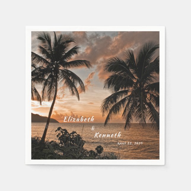 Tropical Sunset Beach Palm Trees Napkin (Front)