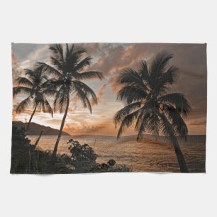 Tropical Sunset Beach Palm Trees Tea Towel