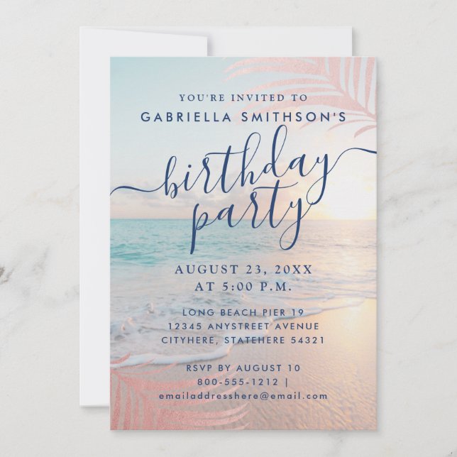 Tropical Sunset Beach Pink Birthday Party Invitation (Front)