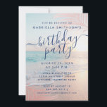Tropical Sunset Beach Pink Birthday Party Invitation<br><div class="desc">A stunning chic pink and turquoise aqua blue ocean side beach sunset with rose gold palm tree leaf and hazy gradient overlay background on a summer beach theme birthday invitation. All wording can be changed to work for any age birthday or celebration, and there is space on the back for...</div>