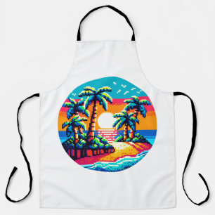 Tropical Sunset Beach Relaxing Pixel Art Paradise Apron