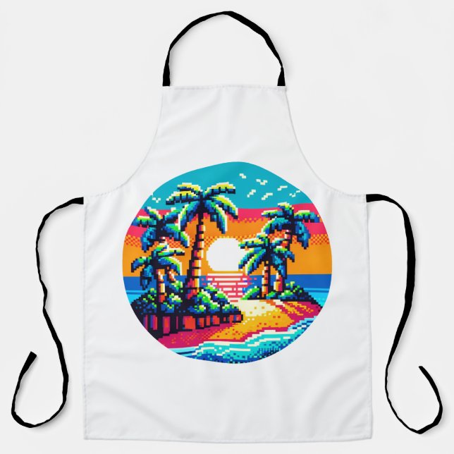 Tropical Sunset Beach Relaxing Pixel Art Paradise Apron (Front)