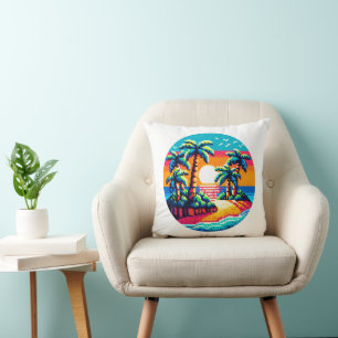 Tropical Sunset Beach Relaxing Pixel Art Paradise Cushion