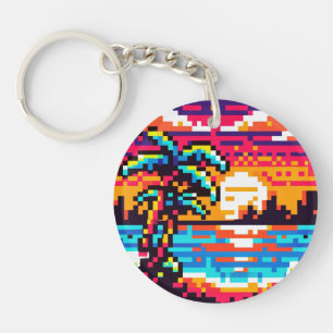 Tropical Sunset Beach Relaxing Pixel Art Paradise Key Ring