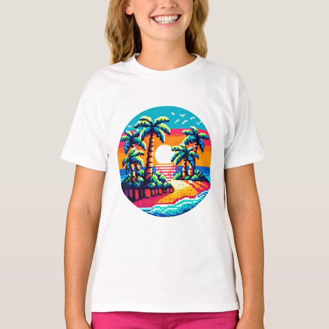 Tropical Sunset Beach Relaxing Pixel Art Paradise T-Shirt (Front)